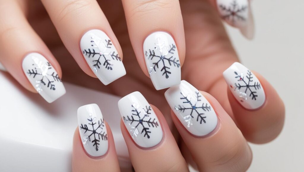White flakes Christmas nails